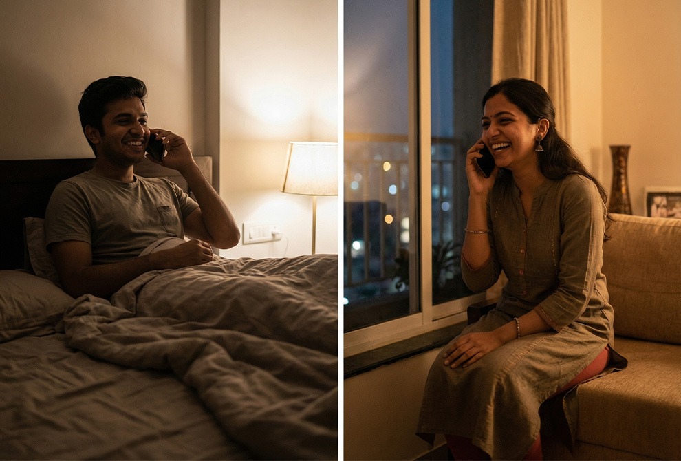 Man and woman talking on the phone at night in their respective homes.